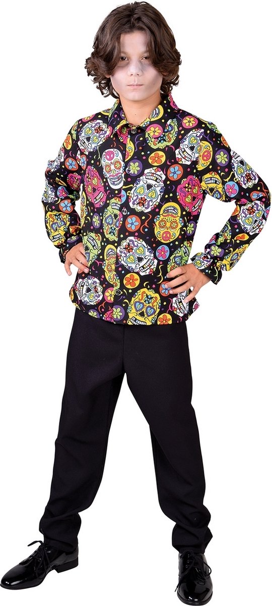 Spaans & Mexicaans Kostuum | Dia De Los Muertos Blouse Met Grijnzende Schedels Jongen | Maat 152 | Halloween | Verkleedkleding